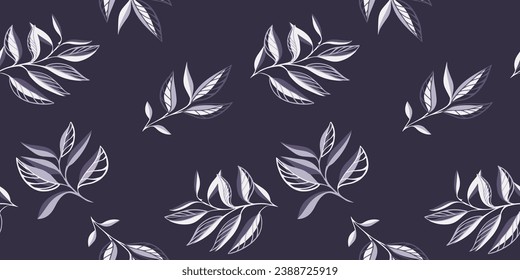 Creative monotone minimalist seamless stem leaves pattern on a dark gray background. Vector hand drawn.  Template for textile, fashion, print, surface design, fabric, interior decor, wallpaper