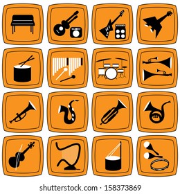 Creative monotone music icons on orange frame for web creative or decoration advertise.