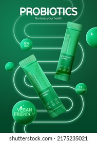 Creative monotone probiotics supplement ad template. 3d composition of green packs with spheres and gut shape neon light. Concept of healthy digestive system.