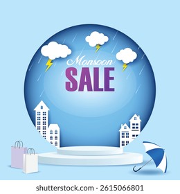 Creative monsoon sale background with clouds, rain, lightning, podium, umbrella, and shopping bags in blue tones.