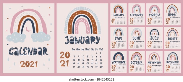 creative monthly calendar for 2021 decorated with lettering quotes and rainbows in scandinavian style. Good for prints, posters, cards, agenda, planners, etc. EPS 10