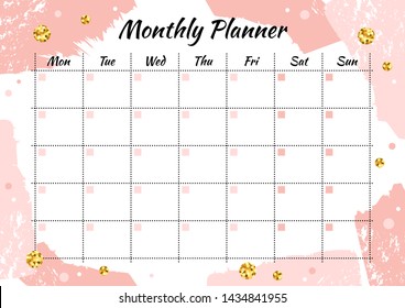 Creative monthly planner with gold glitter sparkles on pink brushstroke background. Stylish fashion organizer and schedule. Planner template for print, wedding, school. Vector illustration. 
