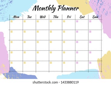 Creative monthly planner with pastel brushstroke on background. Stylish organizer and schedule. Planner template for print, office, school. Vector illustration. 