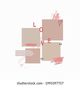 Creative mood board for presentation, journal, photo album in minimalist style with text, paint elements, and blank frame for photo. Mockup mood board grid arrangement for presentation. Vector art