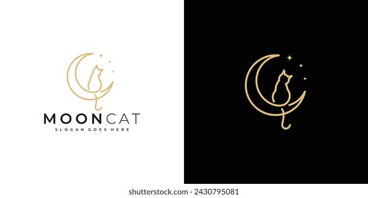 Creative Moon Cat Logo. Crescent and Cat with Linear Outline Style. Pet Logo Icon Symbol Vector Design Template.