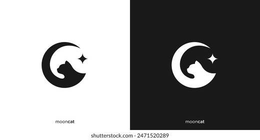 Creative Moon Cat Logo. Crescent and Initials C for Cat. Pet Logo Icon Symbol Vector Design Template.