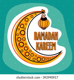 Creative Moon with hanging Lamp for Holy Month of Muslim Community, Ramadan Kareem celebration.