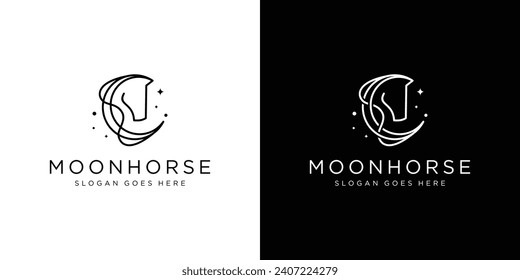 Creative Moon Horse Logo. Mondlicht, Crescent Stern und Pferd mit linearem Linienstil. Elegantes Logo Symbol Symbole Design Vektorvorlage.