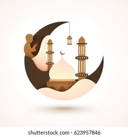 Creative Moon with Mosque and Praying Boy for Muslim Community Festival, Ramadan Kareem celebration.