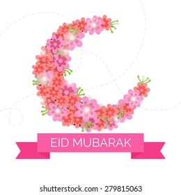 Creative moon for Muslim community festival Eid Mubarak with white pink ribbon.
