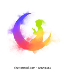 Creative Moon with Praying Boy, Made by colourful splash for Islamic Holy Month of Prayers, Ramadan Kareem celebration.