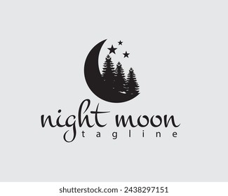 creative moon and tree shadows decorated with stars logo design template