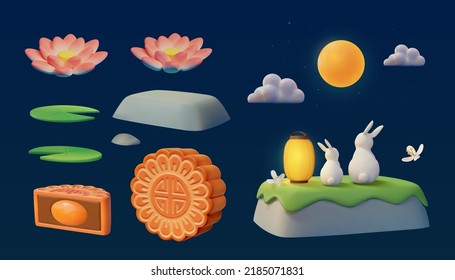 Creative Mooncake Festival elements set. 3D Illustration of rabbit sitting on stone in back view, stones, full moon, cloud, mooncakes, and lotus flowers and leaves