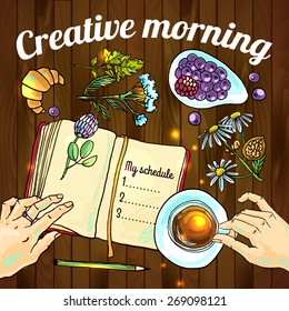 Creative morning food hand drawn illustration top view