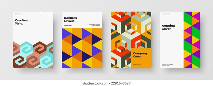 Creative mosaic hexagons corporate brochure layout composition. Minimalistic postcard A4 vector design illustration collection.