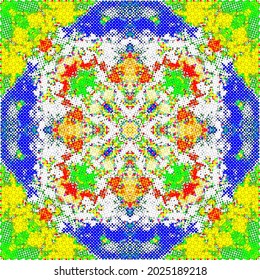 Creative mosaic pattern colored squares. Colored art festival abstract pixel symmetrical background. Mosaic colorful beautiful made of tiles. Modern art color pattern ornament decorative illustration.