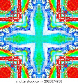Creative mosaic pattern colored squares. Colored art festival abstract pixel symmetrical background. RGB pattern.  Colorful beautiful tiles. Modern art color pattern ornament decorative illustration.