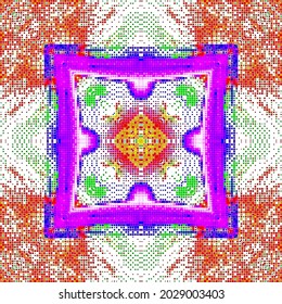 Creative mosaic pattern colored squares. Colored art festival abstract pixel symmetrical background. RGB pattern. Colorful beautiful tiles. Modern art color pattern ornament decorative illustration.