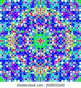 Creative mosaic pattern colored squares. Colored art festival abstract pixel symmetrical background. RGB pattern.  Colorful beautiful tiles. Modern art color pattern ornament decorative illustration.