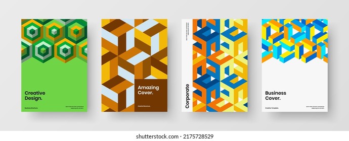 Creative mosaic tiles catalog cover illustration set. Amazing leaflet A4 design vector layout bundle.