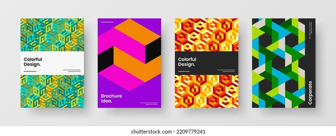 Creative mosaic tiles corporate brochure concept composition. Vivid journal cover vector design template collection.
