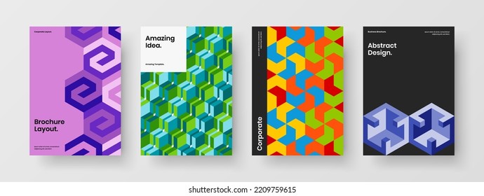 Creative mosaic tiles postcard template set. Modern company brochure design vector layout composition.