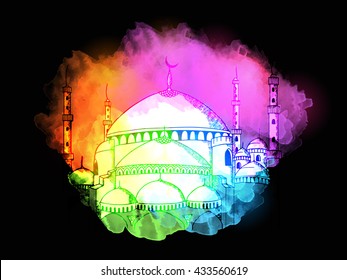 Creative Mosque with colourful abstract splash for Muslim Community Festival Celebration.