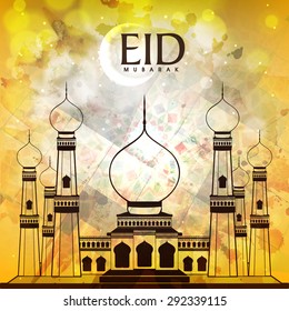 Creative mosque with crescent moon on grungy background for famous festival of Muslim community, Eid Mubarak celebration.