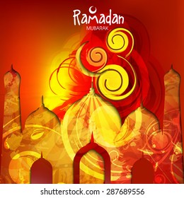 Creative mosque design on shiny red background for Islamic holy month of prayers, Ramadan Kareem celebration.