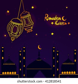 Creative Mosque with hanging Lamps on stars decorated night background for Holy Month of Muslim Community, Ramadan Kareem celebration.