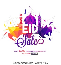 Creative Mosque made by colorful abstract polygonal shapes on white background. Eid Sale poster, banner or flyer design.