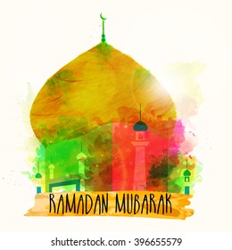 Mezquita creativa hecha por un colorido salpicón y golpes para el Sagrado Mes de Oraciones Islámico, celebración Ramadan Mubarak.