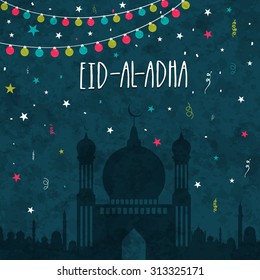 Creative Mosque on colorful lights and stars decorated grungy background for Islamic Festival of Sacrifice of Eid-Al-Adha celebration.
