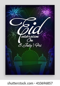 Creative Mosque on fireworks decorated background, Elegant Pamphlet, Banner, Flyer or Invitation for Islamic Holy Festival, Eid Party celebration.
