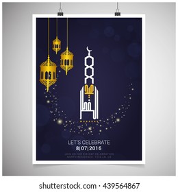 Creative Mosuqe Eid ul fitr logo typography with hanging lantern greeting card template Blue background