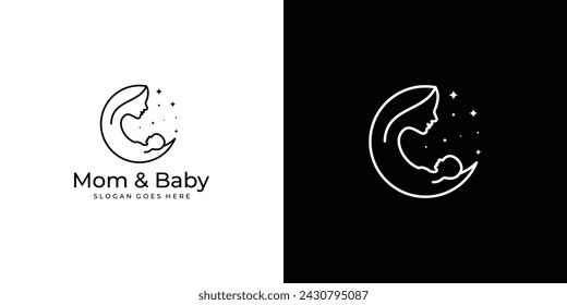 Creative Mother and Baby Logo. Crescent and Mom Hugs Her Child with Linear Outline Style. Pregnancy Logo Icon Symbol Vector Design Template.