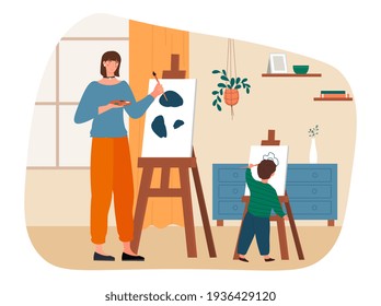 Creative mother and son is painting picture at home. Learning process, studying pupils and tutor in auditorium. Flat abstract outline cartoon vector illustration concept. isolated on white background