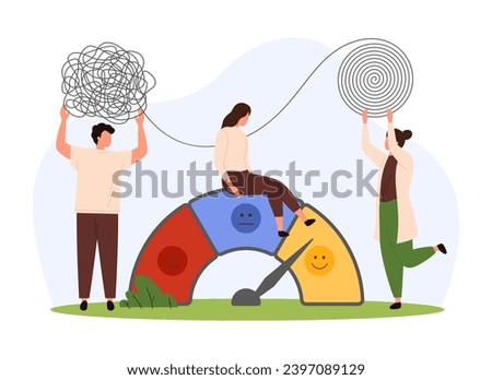 Creative motivation, mood and stress control vector illustration. Cartoon tiny people improve level of life satisfaction from bad to good on indicator, unravel chaos of tangled thread to solve problem