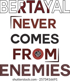 Creative motivational quote Betrayal never comes from enemies stylish typography design.