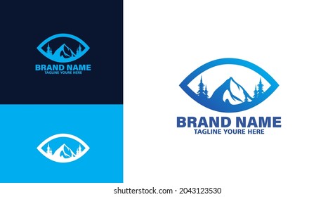 Diseño creativo de logotipo de montaña y párpados para los ojos de aventurero de la naturaleza