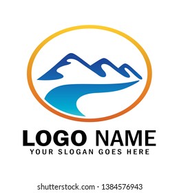 Creative mountain logo in oval shape, mountain symbol logo