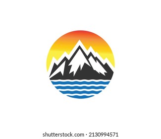 Creative Mountain River Lake And Sun In Circle Logo Design Vector Template.