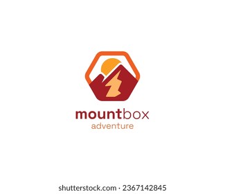 Creative mountain with sun hexagon logo