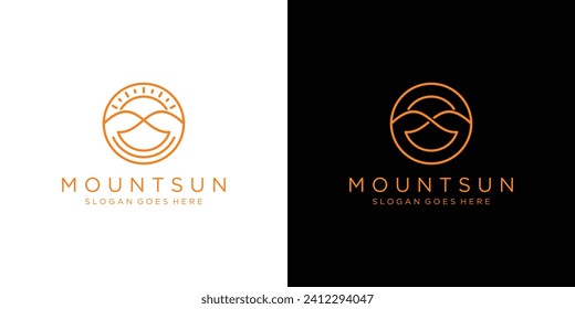 Creative Mountain Sun Logo. Mountain, HIlls, Peaks, Sun, Wave, Lake, Sea, Circular with Linear Outline Style. Sunrise Hills Logo Icon Symbol Vector Design Template.