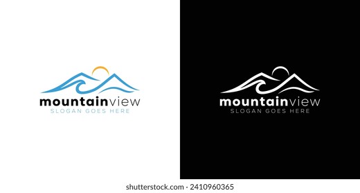 Creative Mountain View Logo. Mountain, HIlls, Peaks, Sun, Wave, Lake, Sea, River with Minimalist Style. Landscape Logo Icon Symbol Vector Design Template.