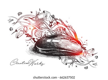 Creative mouse design illustration concept for creative work - Hand Drawn Sketch Vector illustration.