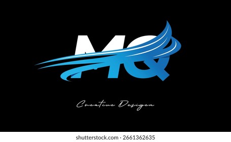 Creative MQ Initial Letter Logo with Blue Wave Elements. Modern Creative Branding Design on Black Background