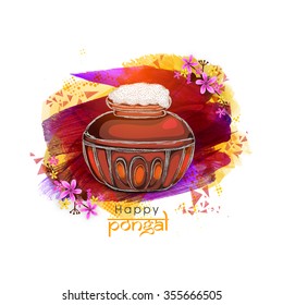 Creative mud pot, full of rice on stylish paint stroke background for South Indian harvesting festival, Happy Pongal celebration.