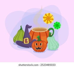 Creative mug with hot drink, pumpkins, witch hat and lollipops on abstract background. Halloween banner design. Celebration, holiday, party concept. Vector illustration for invitation or poster