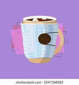 Creative mug illustration. Cacao, knitted cover, marshmallow. Drinking concept. Vector illustration can be used for topics like cafe, cooking, drinking, kitchen